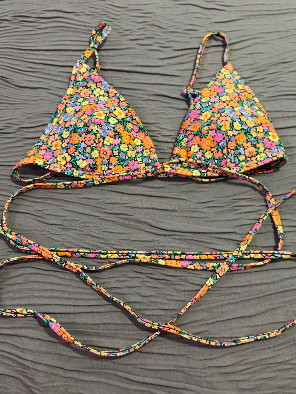 Floral Triangle Bikini Top in Black with Neon Flowers